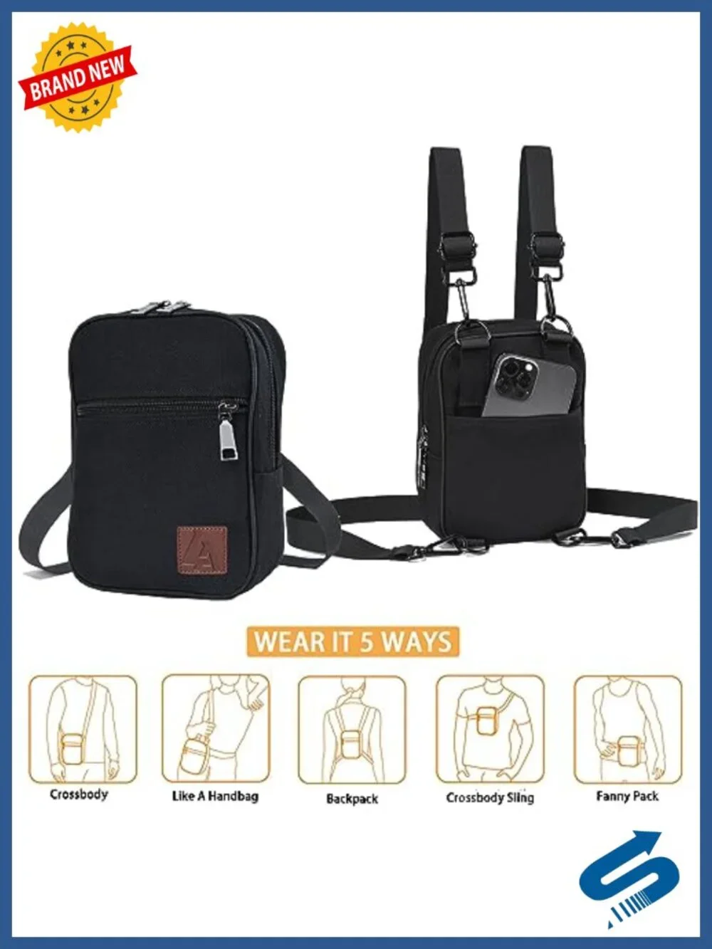 5-Way Convertible Crossbody Sling Bag with 3 Straps, Canvas, 14 Pockets
